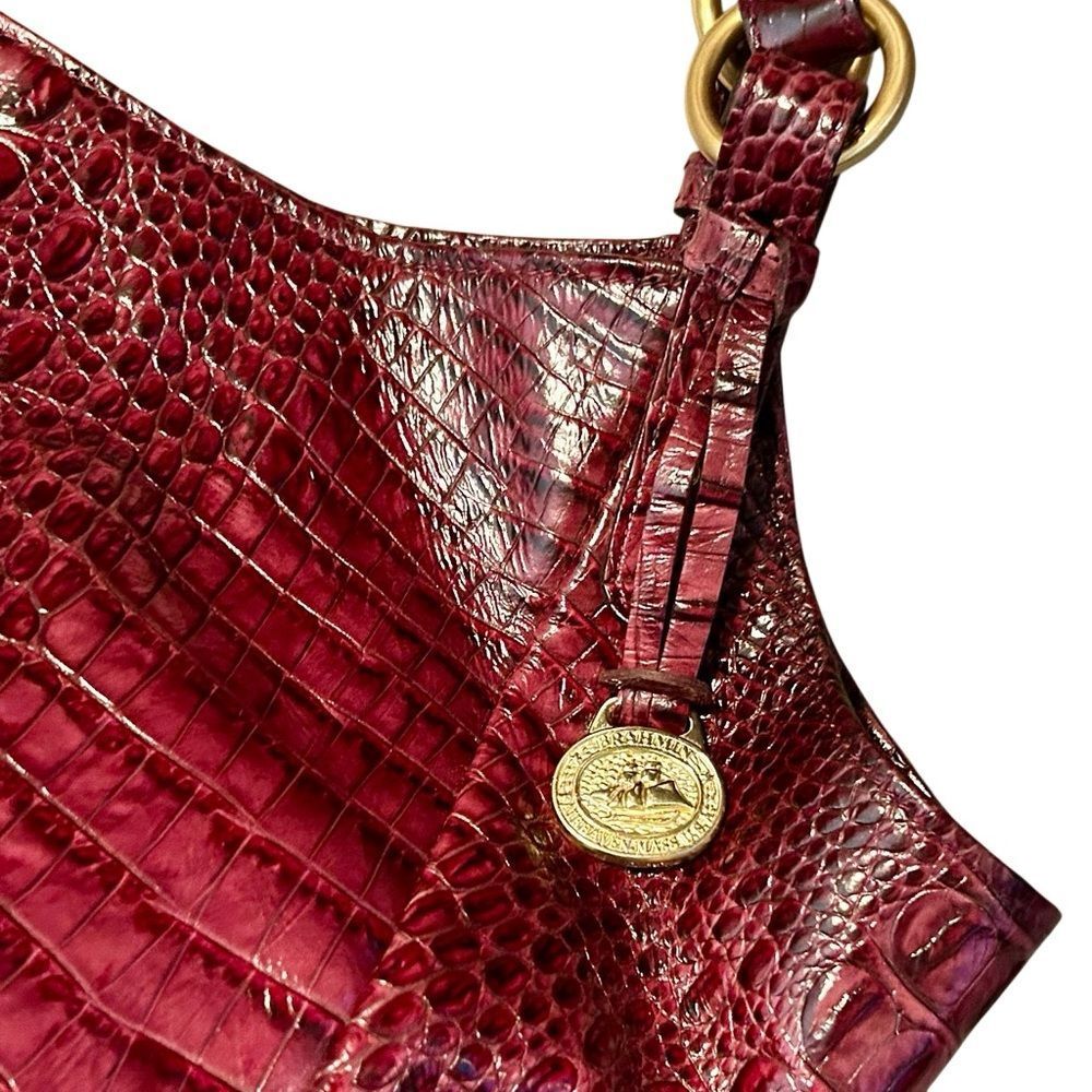 Brahmin Jacqueline Melbourne Fig Croc Embossed Wine Hobo Shoulder Bag Tote Gold - Picture 8 of 16